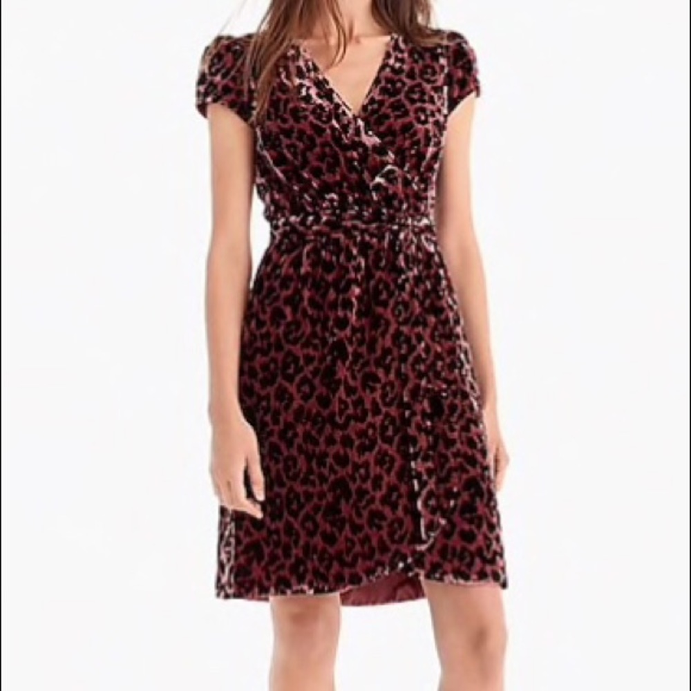 👗JCREW Faux-Wrap Velvet Dress in Rose Leopard
